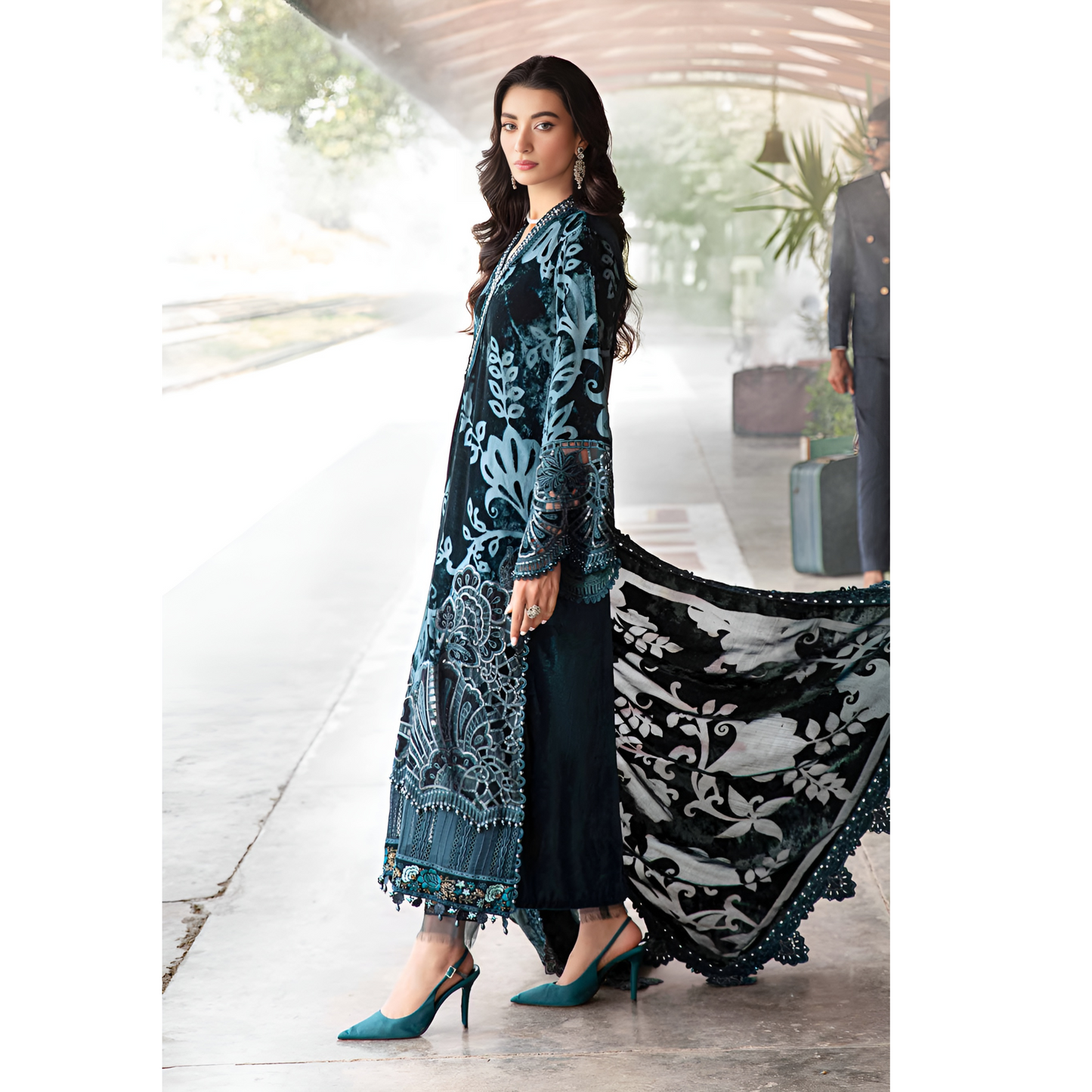 (Teal Blue) Embroidered Luxury Palachi | 3 Pc | Winter Collection | MARIA.B