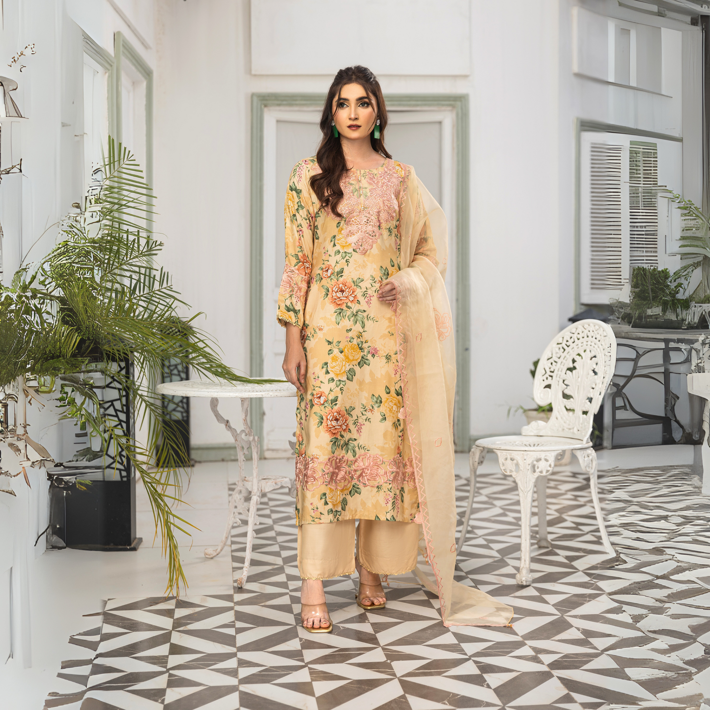 UMS-08 Floral Printed Embroidered Linen | 3 Pc | Ready-to-wear Dress - Simrans