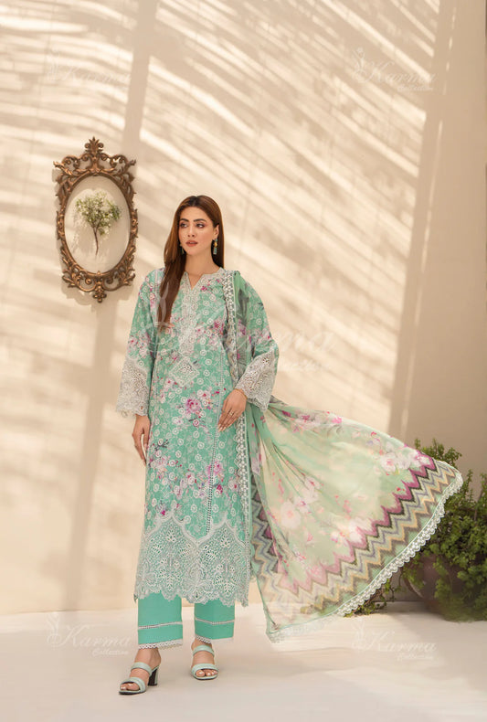 (Seafoam) Printed Chikenkari Cotton Lawn 3 Pc - Karma Collection