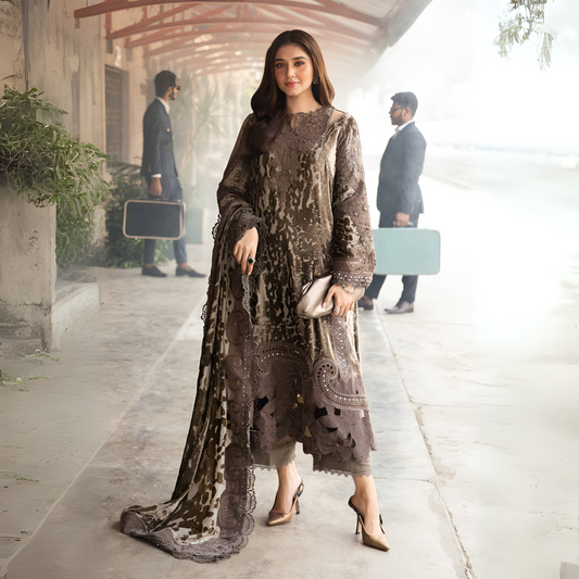 (Dirty Grey) Embroidered Luxury Palachi Dress | 3 Pc | Winter Collection | MARIA.B