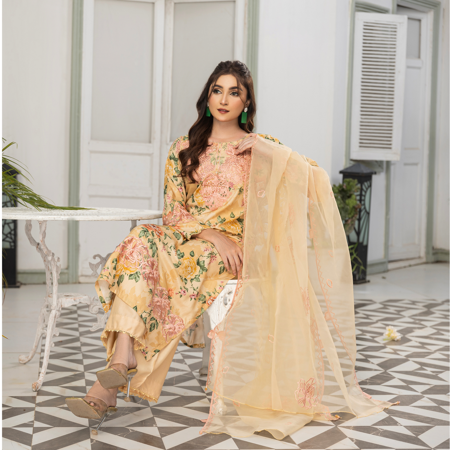 UMS-08 Floral Printed Embroidered Linen | 3 Pc | Ready-to-wear Dress - Simrans