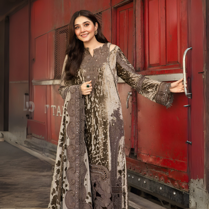 (Dirty Grey) Embroidered Luxury Palachi Dress | 3 Pc | Winter Collection | MARIA.B