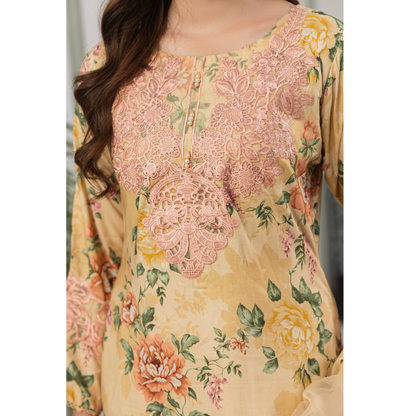 UMS-08 Floral Printed Embroidered Linen | 3 Pc | Ready-to-wear Dress - Simrans