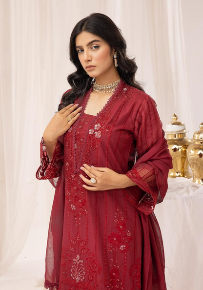 Red Embroidered Chikenkari Lawn 3 Pc Dress |SIMRANS