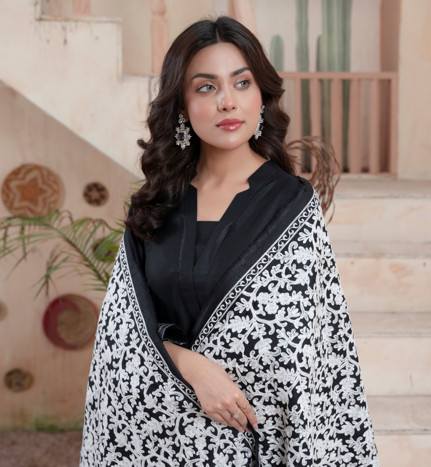 (Black) 3 Pc Dhanak Dress with Embroidered Wool Shawl Dupatta | Winter Wear | RANIYA.H