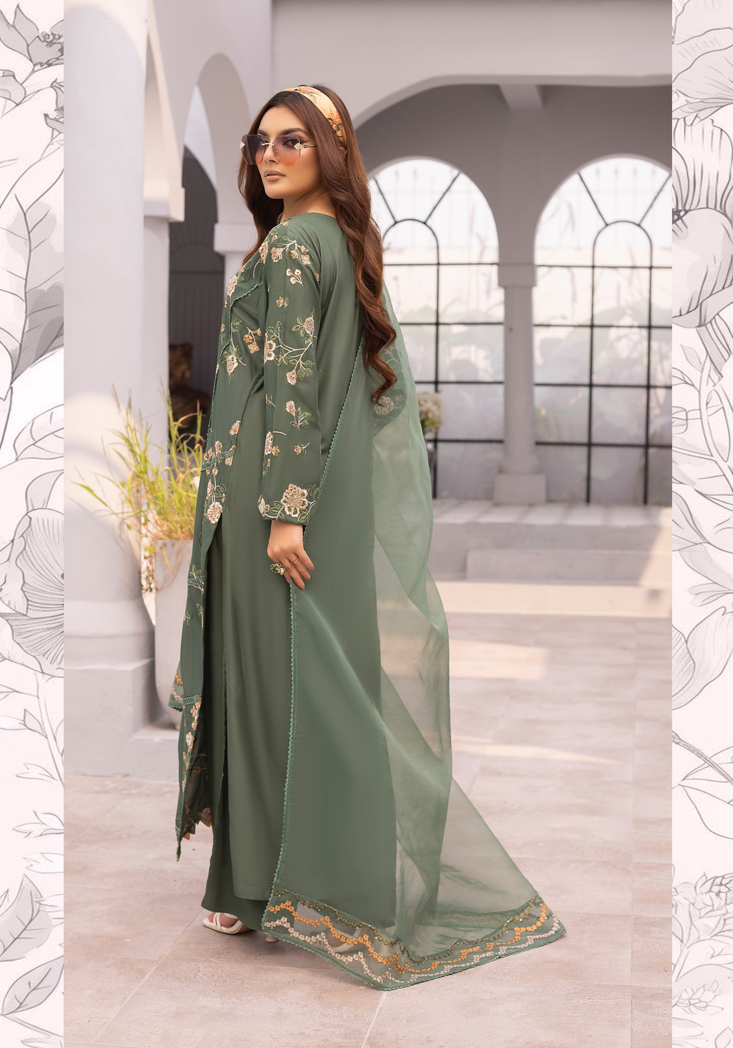 (Green) 3 Pc Embroidered Linen Dress - Simrans