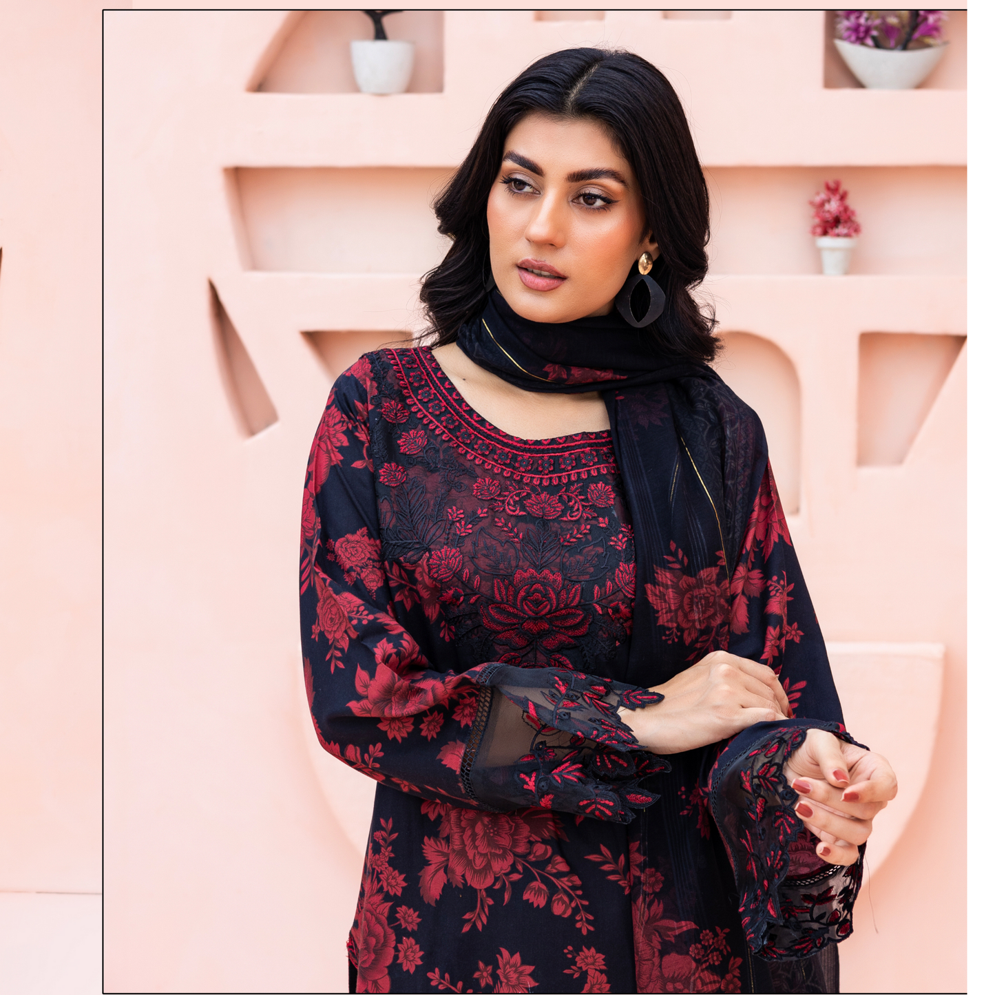 (Red & Black) DHANAK Embroidered Printed Dress | Winter Collection | Rangz