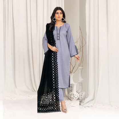 (Grey) 3 Pc Dhanak Dress with Laser Velvet Shawl | Winter Collection | Rangz | UMRGZ3505