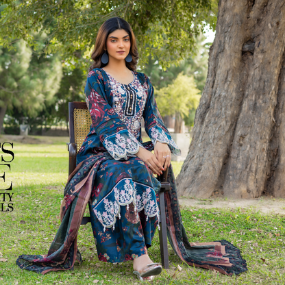 Winter Linen Printed Handwork Embroidered Dress 3 Pc |Ready to Wear| Rangz | UMRGZ3700