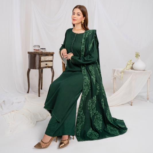 (green) 3 Pc Dhanak Shirt & trouser with Dhanak Shawl | Winter Collection | SIMRANS