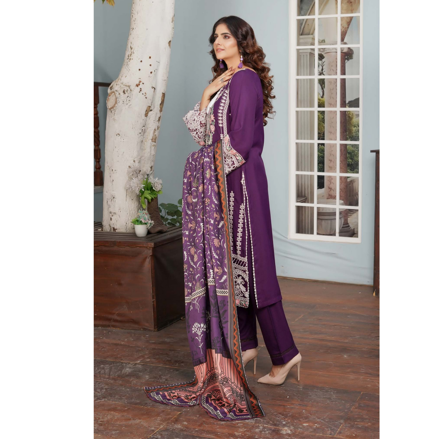 (PLUM) Heavy Embroidered Dhanak Ready to Wear Dress - MUNIRA