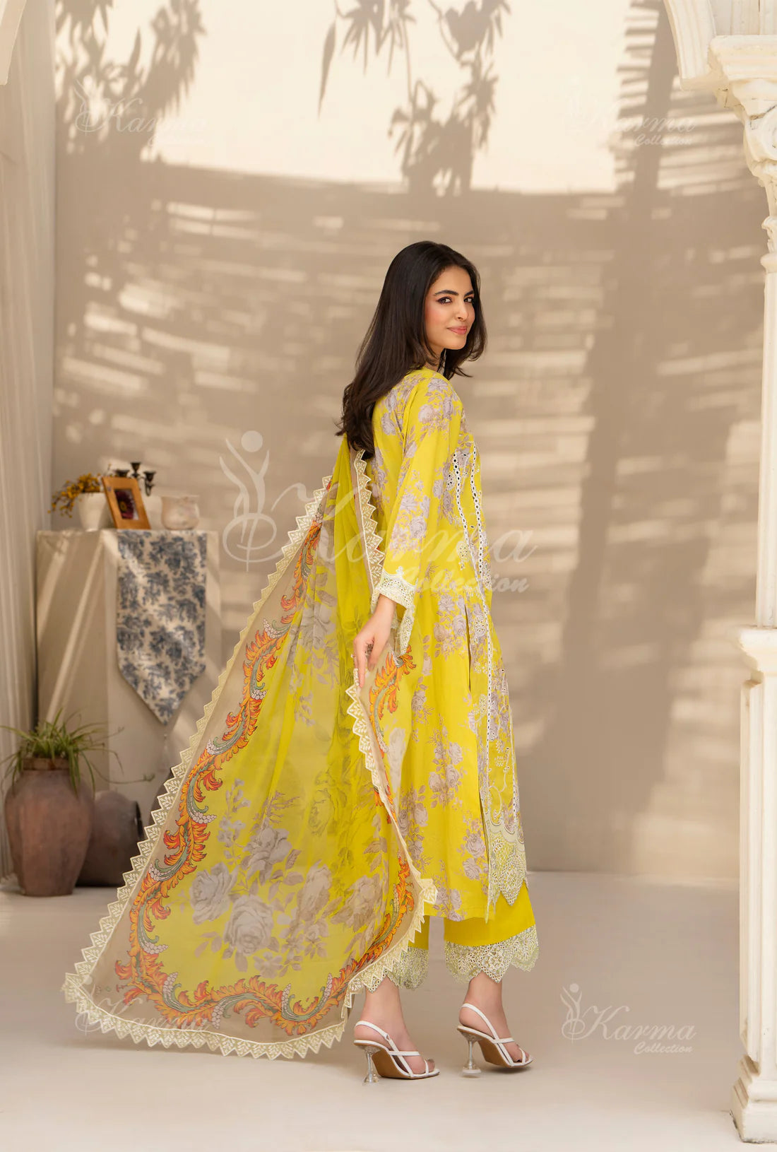 (YELLOW) Printed Chikenkari Cotton Lawn 3 Pc - Karma Collection