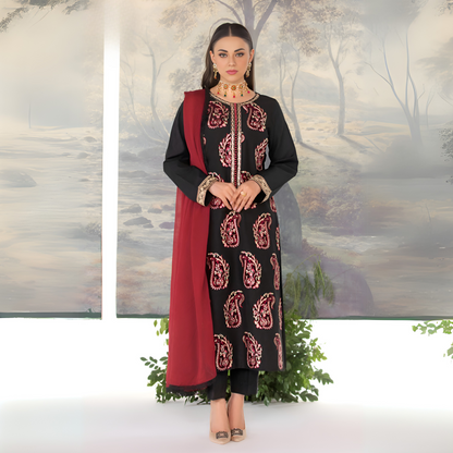 (Black) 3 Pc Embroidered Viscose Linen Pakistani Dress With Chiffon Dupatta  | Winter Wear | Heera's