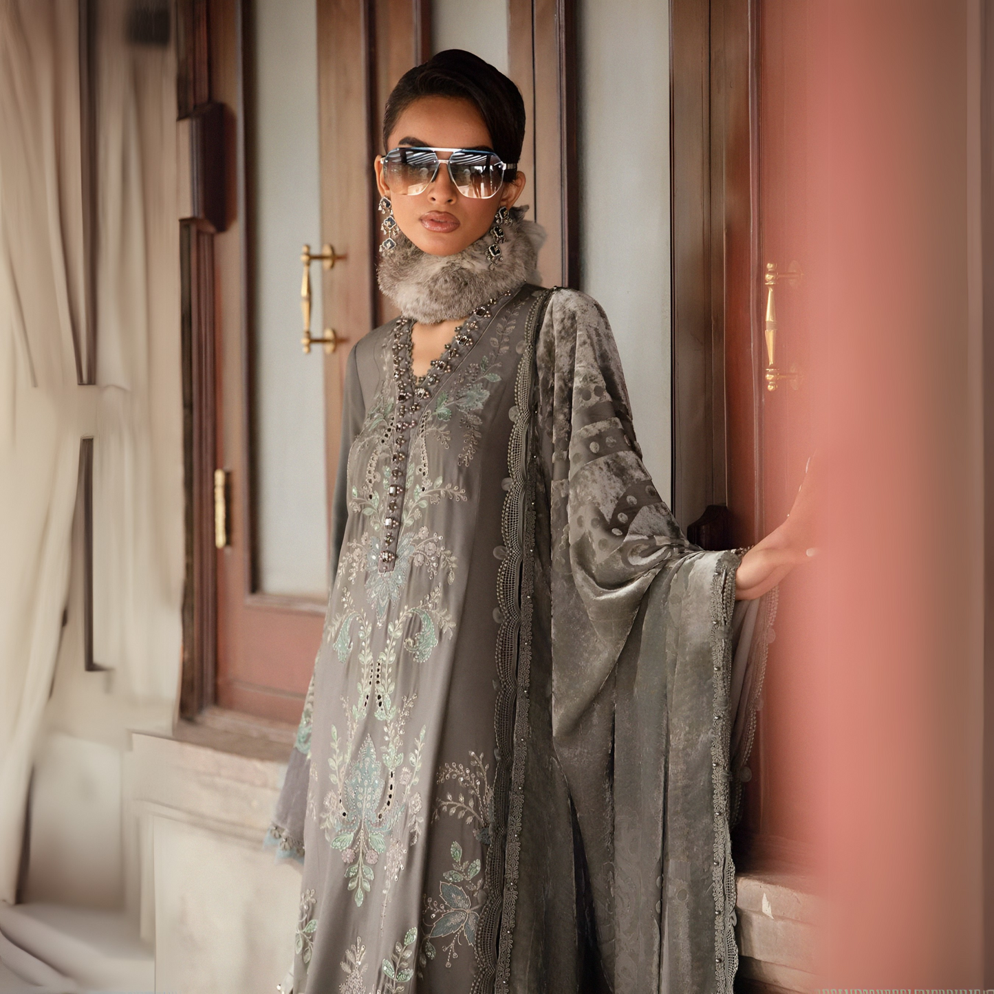 (Dark Grey) Embroidered Luxury Velvet Suit | 3 Pc | Winter Collection | MARIA.B