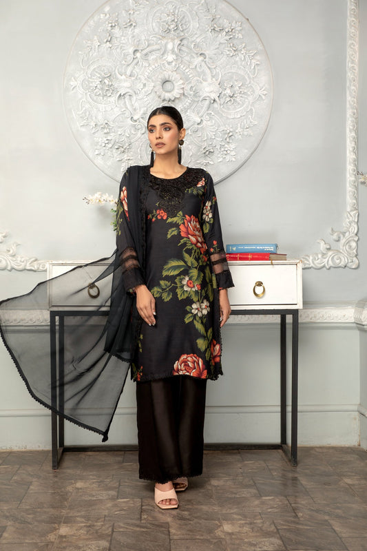 Black | Floral Printed Embroidered Linen | 3 Pc | Ready-to-wear Dress - Simrans