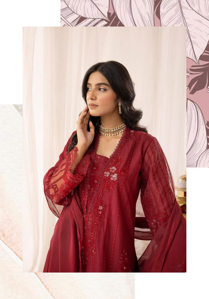 Red Embroidered Chikenkari Lawn 3 Pc Dress |SIMRANS