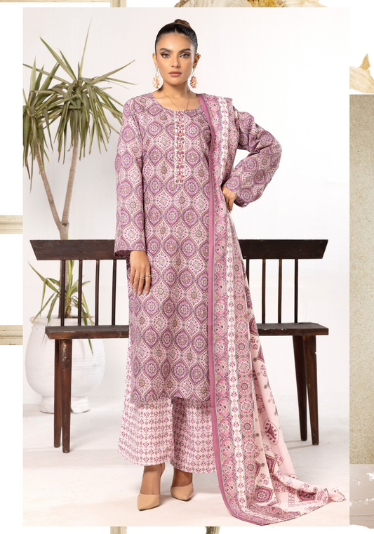 Mauve | Printed Linen Salwar Kameez & Dupatta | 3 Pc | Ready-to-wear | Simrans