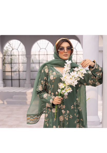 (Green) 3 Pc Embroidered Linen Dress - Simrans