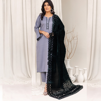 (Grey) 3 Pc Dhanak Dress with Laser Velvet Shawl | Winter Collection | Rangz | UMRGZ3505