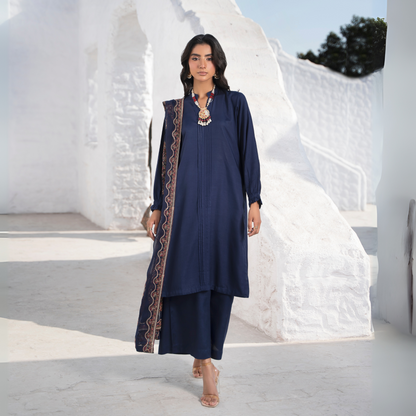 3 Pc Solid Slub Linen Dress with Embroidered Chiffon Dupatta| Winter Collection | Raniya.h | RA-13