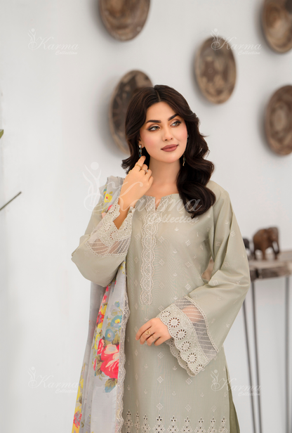 KC- 1387 | Beige | 3 Pc | Chikenkari Cotton Lawn | Karma Collection