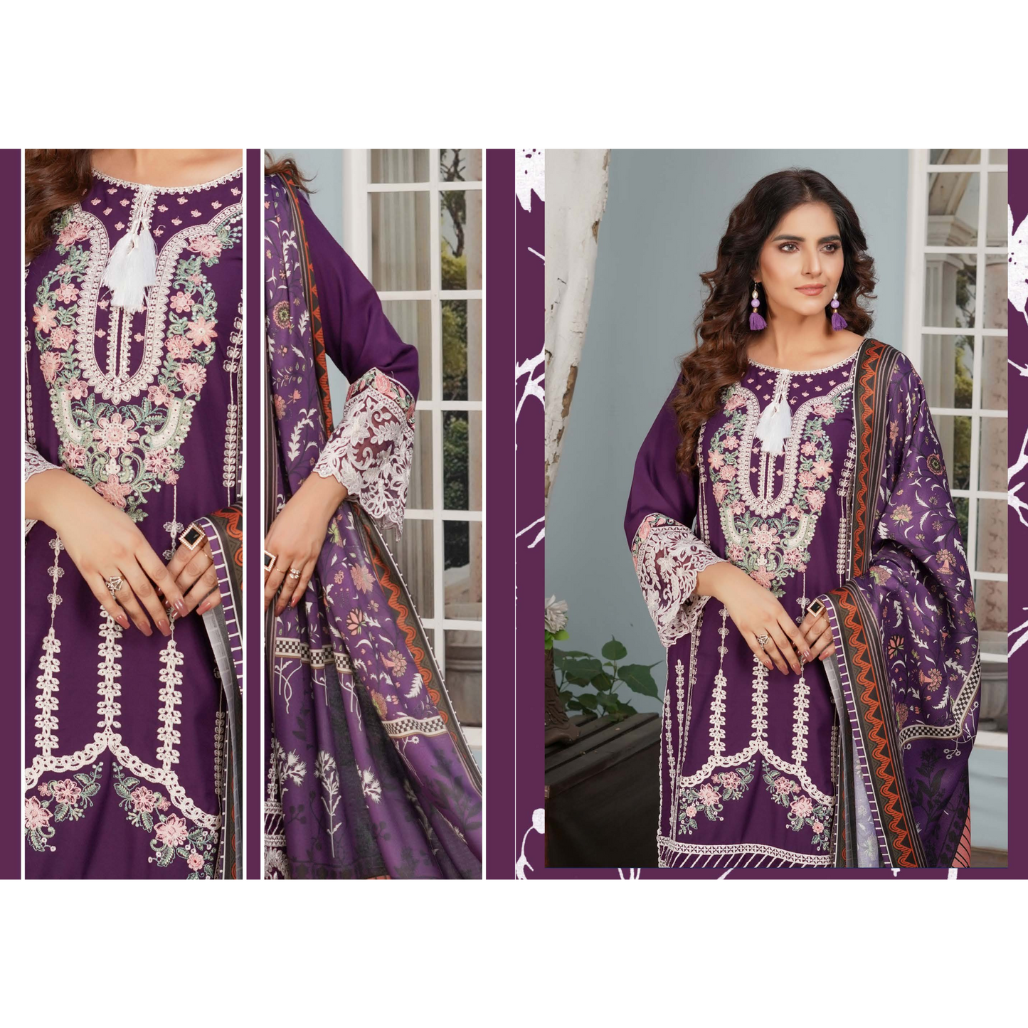 (PLUM) Heavy Embroidered Dhanak Ready to Wear Dress - MUNIRA