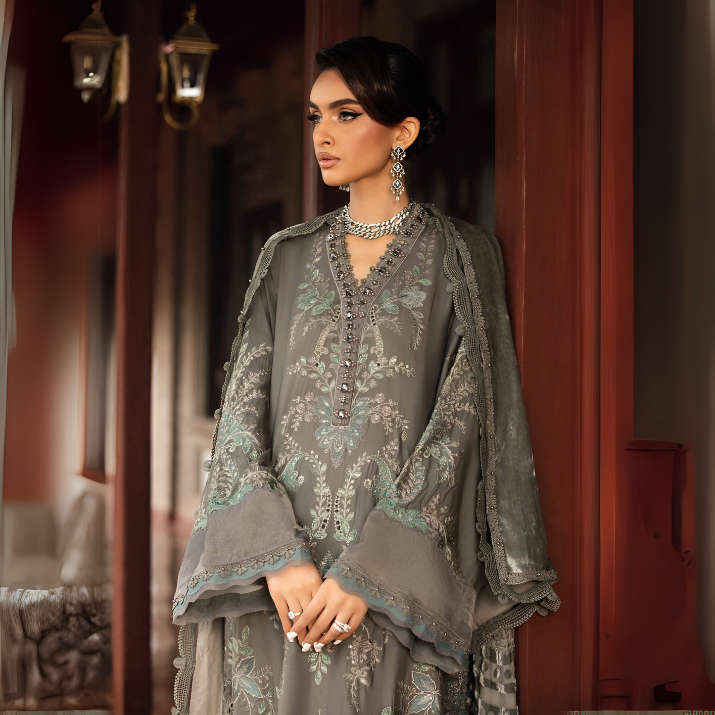 (Dark Grey) Embroidered Luxury Velvet Suit | 3 Pc | Winter Collection | MARIA.B