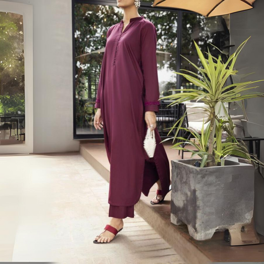 Wine Berry 2 Pc Linen Pakistani Co-Ords Set | Ready to Wear | Casuallite