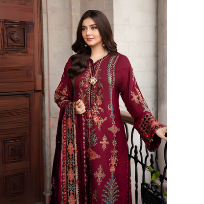 (Maroon) Embroidered Luxury Twill Linen Suit | 3 Pc | Winter Collection | MARIA.B