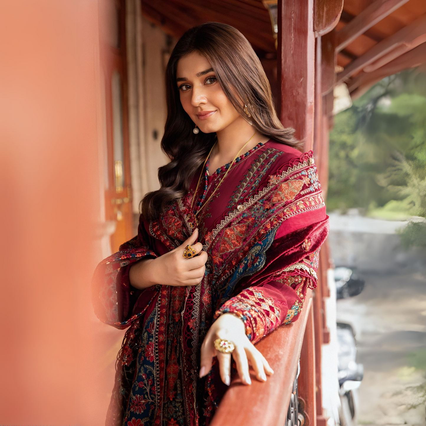 (Maroon) Embroidered Luxury Twill Linen Suit | 3 Pc | Winter Collection | MARIA.B