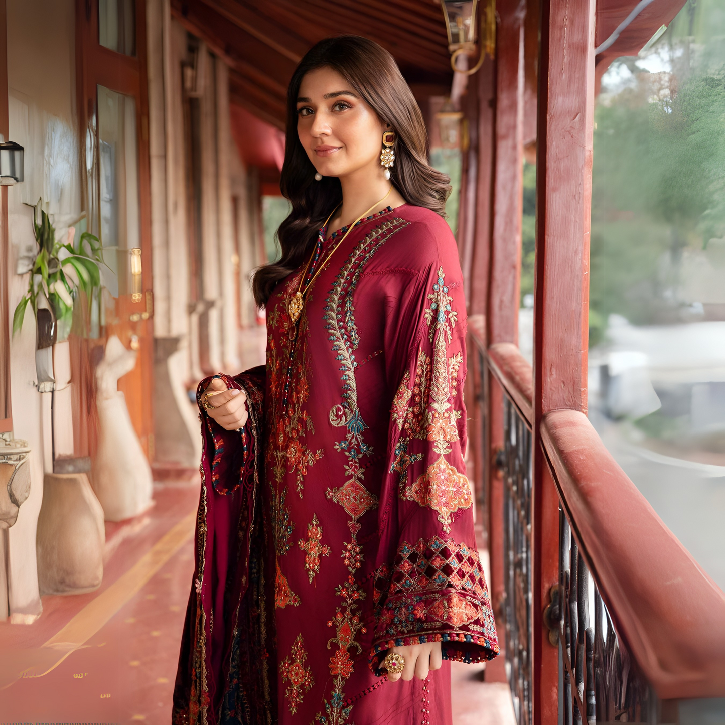 (Maroon) Embroidered Luxury Twill Linen Suit | 3 Pc | Winter Collection | MARIA.B