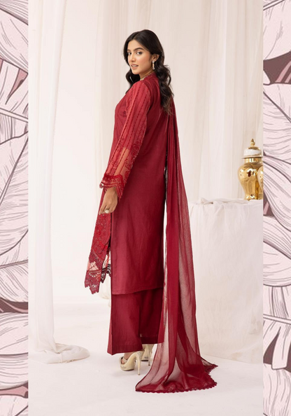 Red Embroidered Chikenkari Lawn 3 Pc Dress |SIMRANS