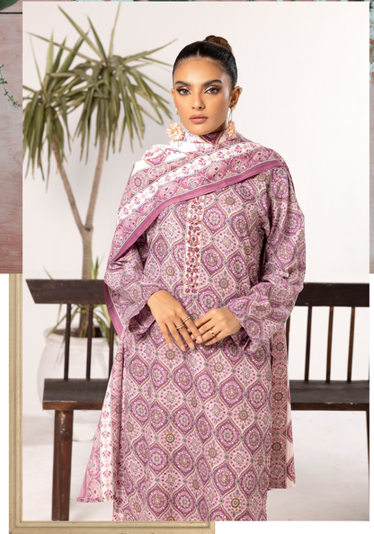 Mauve | Printed Linen Salwar Kameez & Dupatta | 3 Pc | Ready-to-wear | Simrans