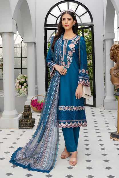 (Blue) Heavy Embroidered Cotton Linen Ready to Wear Dress - MUNIRA