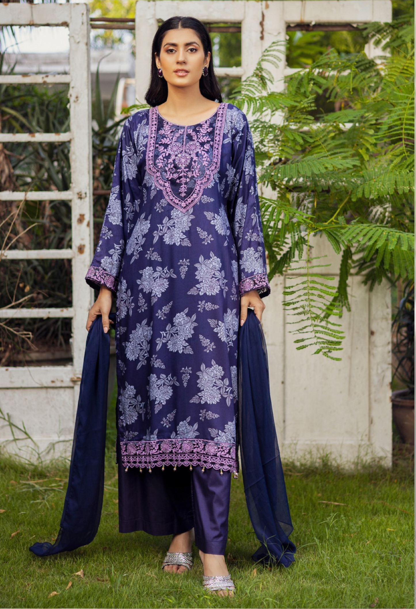 Purple | Printed Linen Salwar Kameez With Chiffon Dupatta| Ready to Wear 3 Pc dress - Rangz