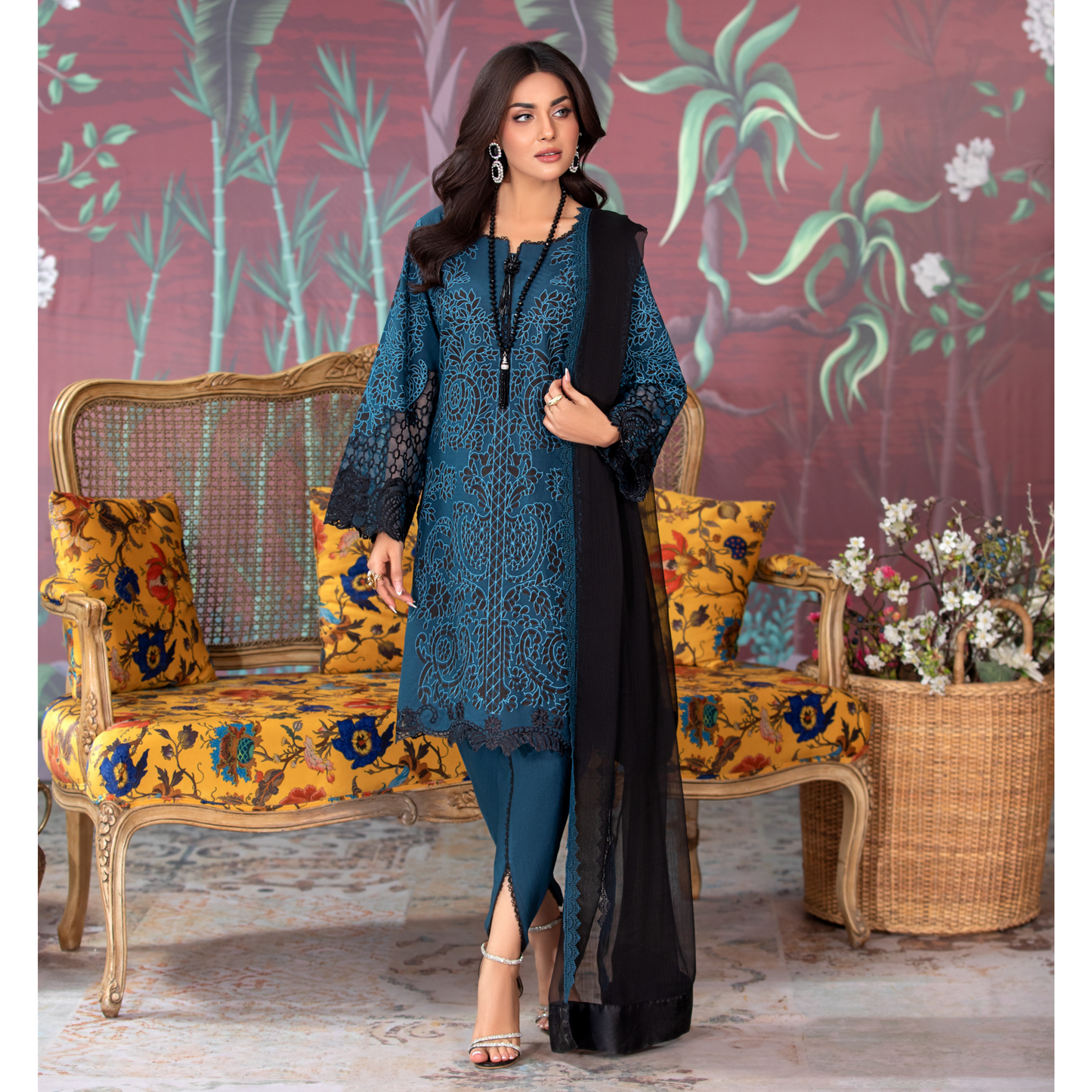 (Blue) 3 Pc Embroidered Dhanak Pakistani Dress With Chiffon Dupatta  | Winter Wear | Heera's