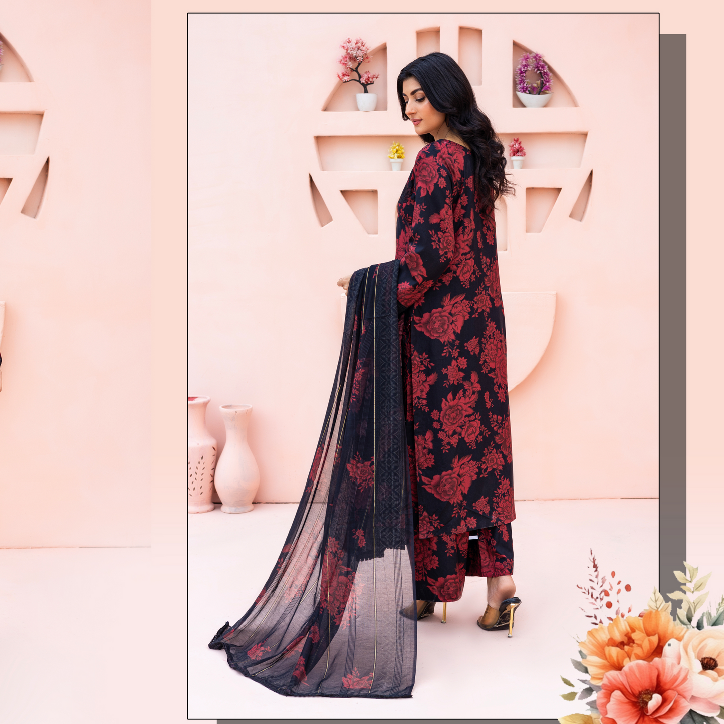 (Red & Black) DHANAK Embroidered Printed Dress | Winter Collection | Rangz