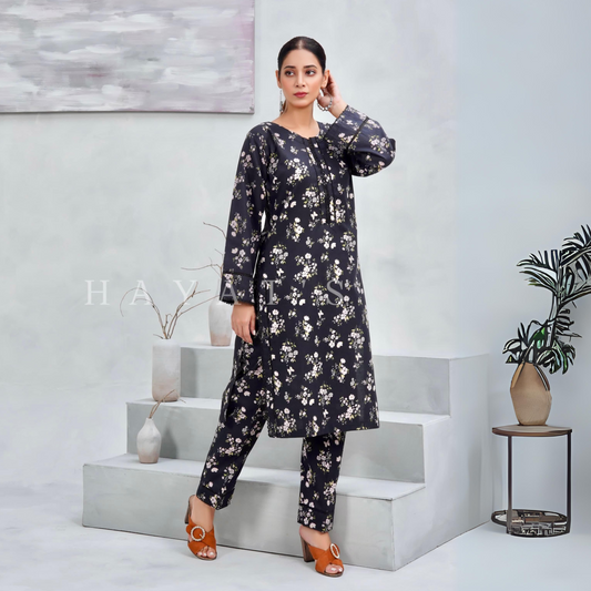 Black 2 Pc floral Printed Khaddar Pakistani Co-Ords Set | Ready to wear| Hayats