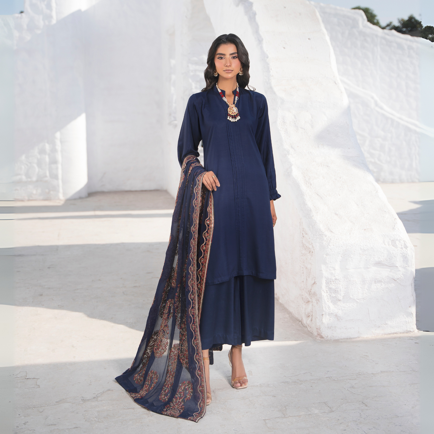 3 Pc Solid Slub Linen Dress with Embroidered Chiffon Dupatta| Winter Collection | Raniya.h | RA-13