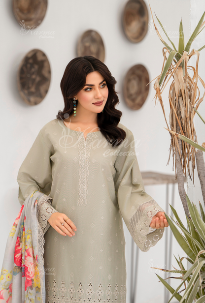 KC- 1387 | Beige | 3 Pc | Chikenkari Cotton Lawn | Karma Collection