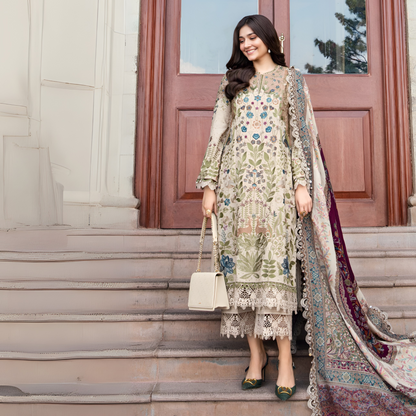 (Light Mocha) Embroidered Luxury Linen Suit | 3 Pc | Winter Collection | MARIA.B