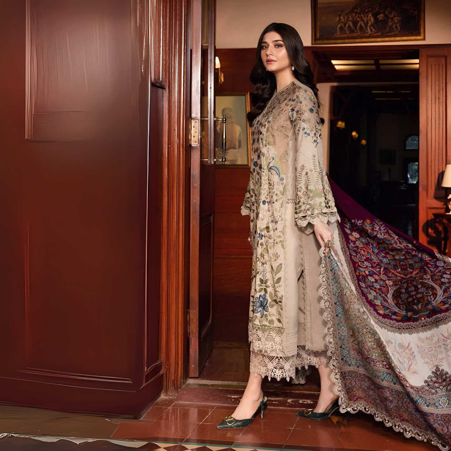 (Light Mocha) Embroidered Luxury Linen Suit | 3 Pc | Winter Collection | MARIA.B