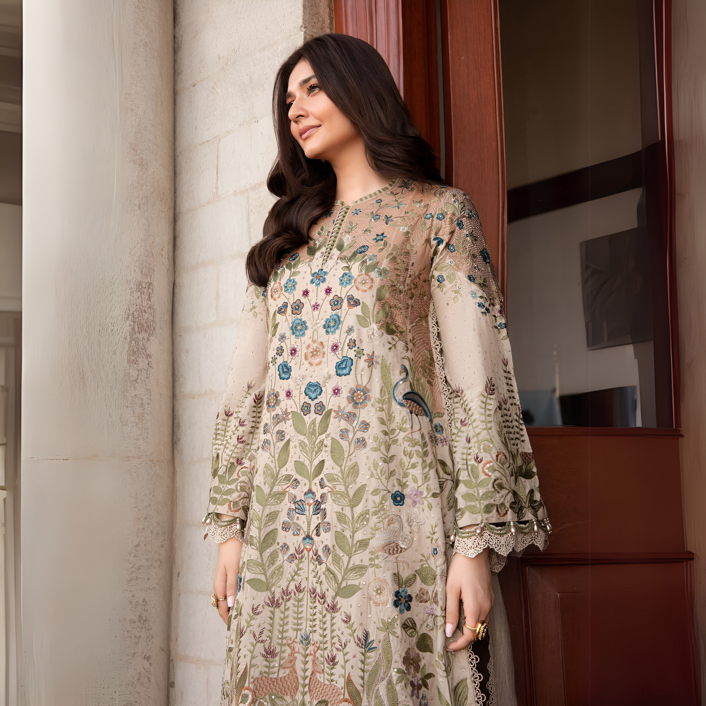 (Light Mocha) Embroidered Luxury Linen Suit | 3 Pc | Winter Collection | MARIA.B