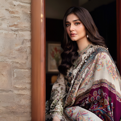 (Light Mocha) Embroidered Luxury Linen Suit | 3 Pc | Winter Collection | MARIA.B