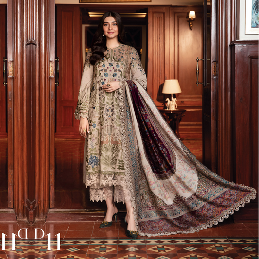 (Light Mocha) Embroidered Luxury Linen Suit | 3 Pc | Winter Collection | MARIA.B