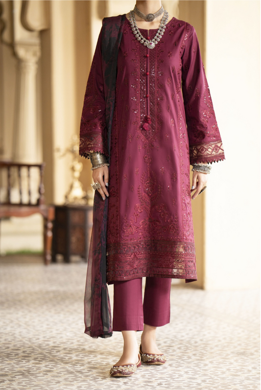 (Maroon) Embroidered Cotton Lawn 3 Pc Dress - Casuallite