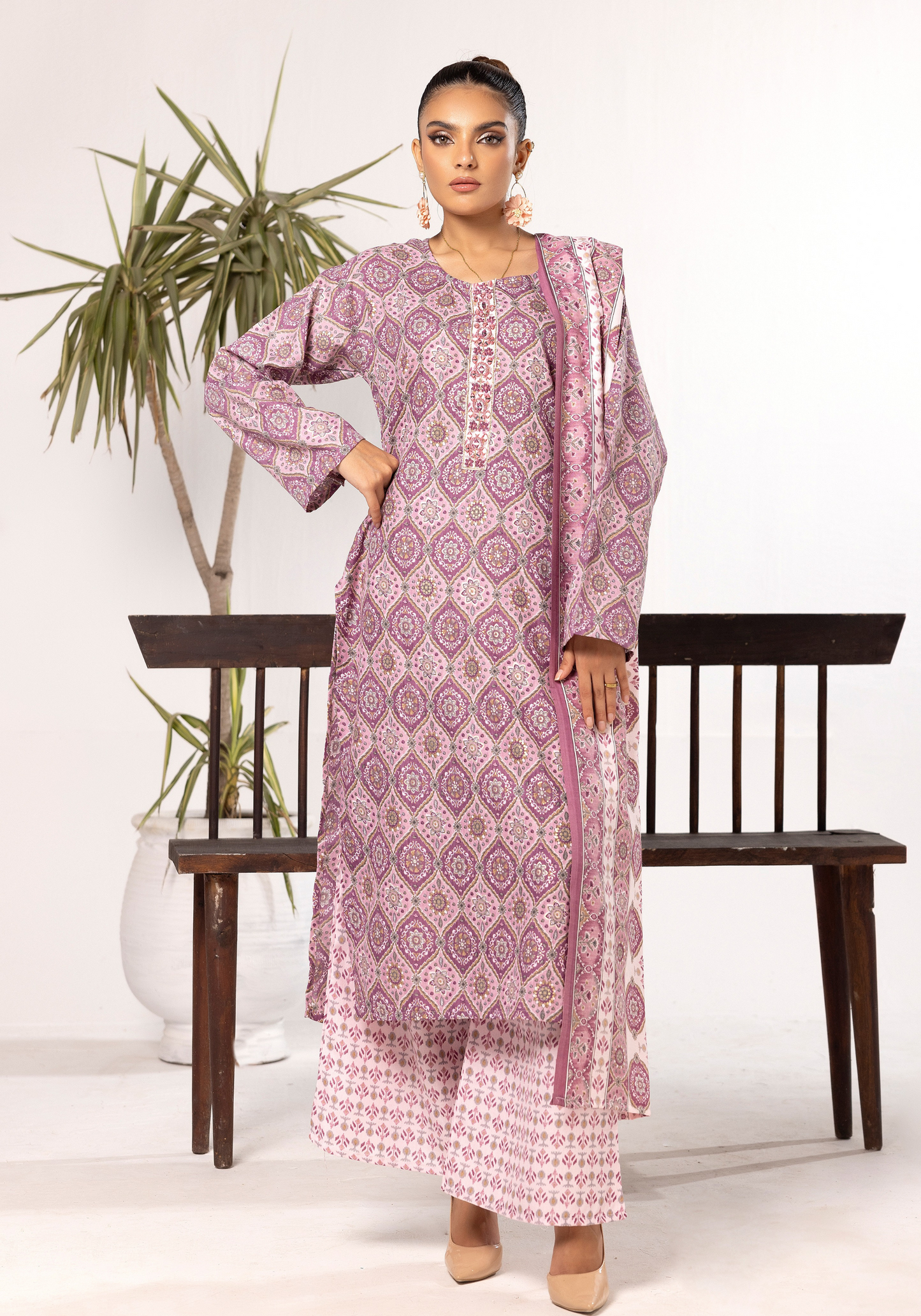 Mauve | Printed Linen Salwar Kameez & Dupatta | 3 Pc | Ready-to-wear | Simrans