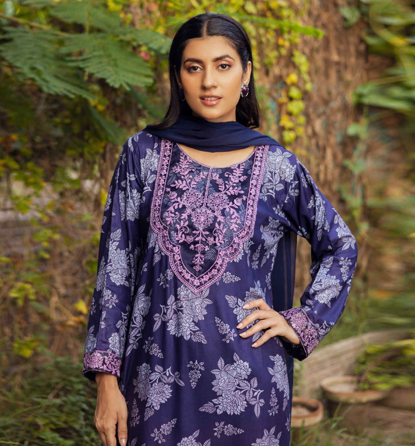 Purple | Printed Linen Salwar Kameez With Chiffon Dupatta| Ready to Wear 3 Pc dress - Rangz