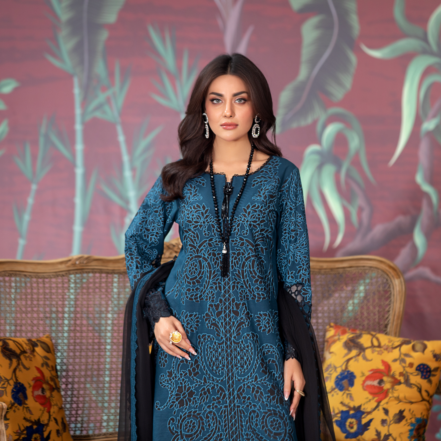 (Blue) 3 Pc Embroidered Dhanak Pakistani Dress With Chiffon Dupatta  | Winter Wear | Heera's