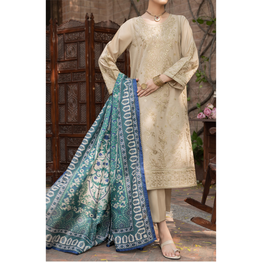 (Ivory) Embroidered Linen 3 Pc Ready to Wear by Casuallite